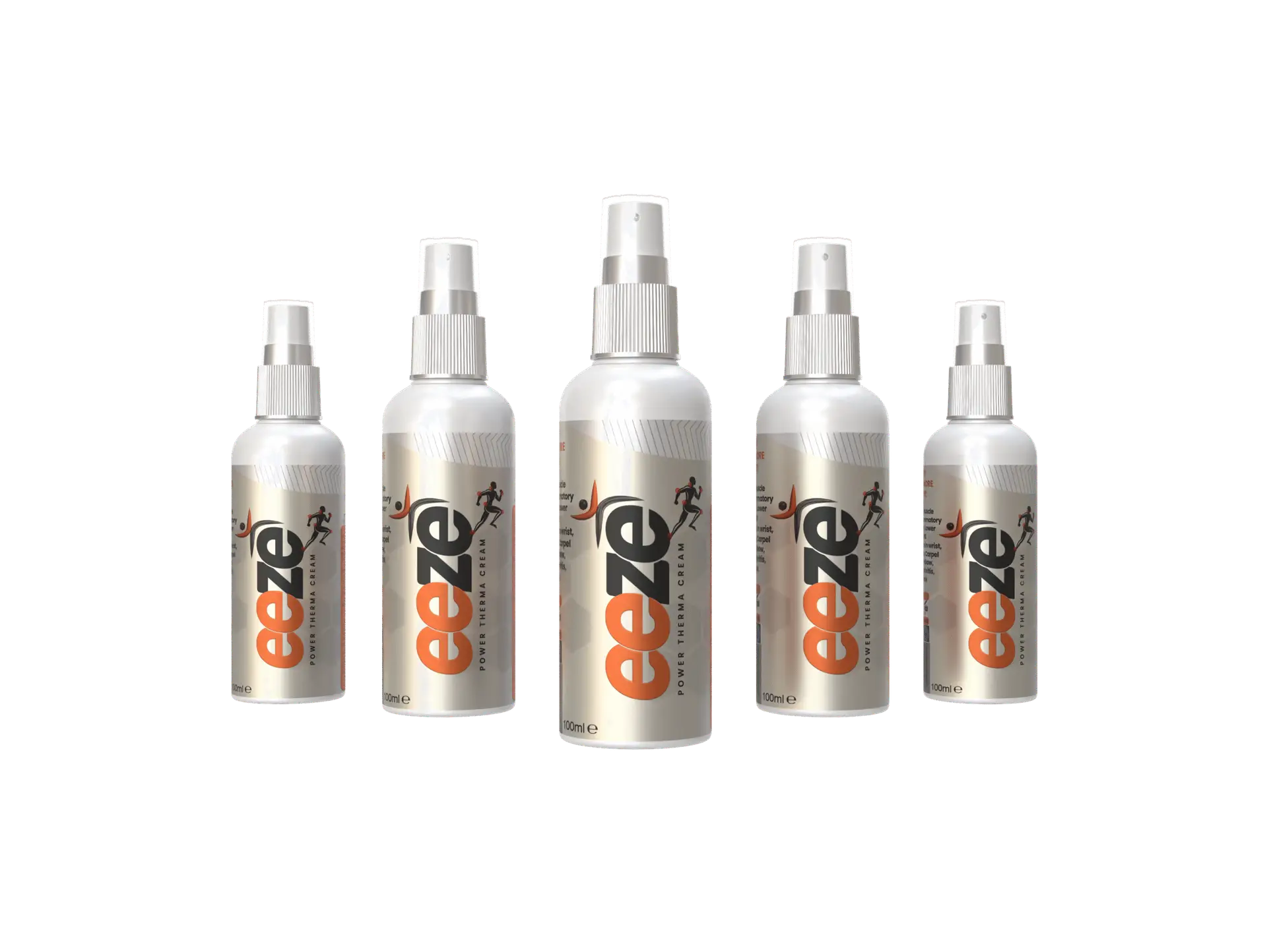 Line-up of five Eeze pain-relief spray bottles showing sleek hygienic design