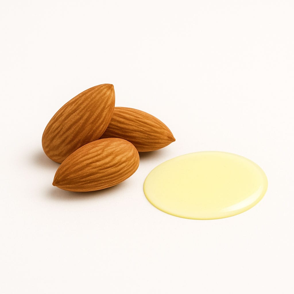 Close-up of Sweet Almond Oil on white background, Purecontour.