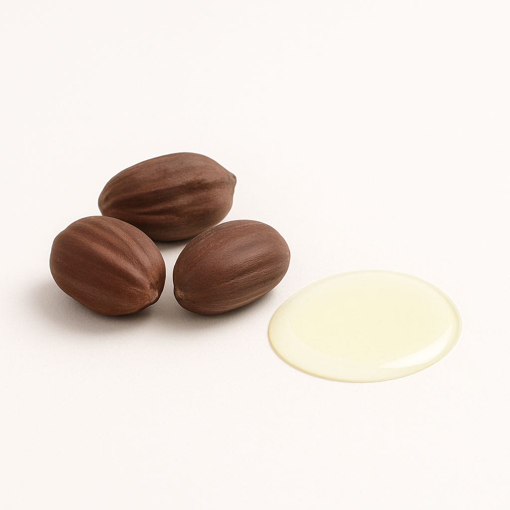 Close-up of Jojoba Oil on white background, Purecontour.