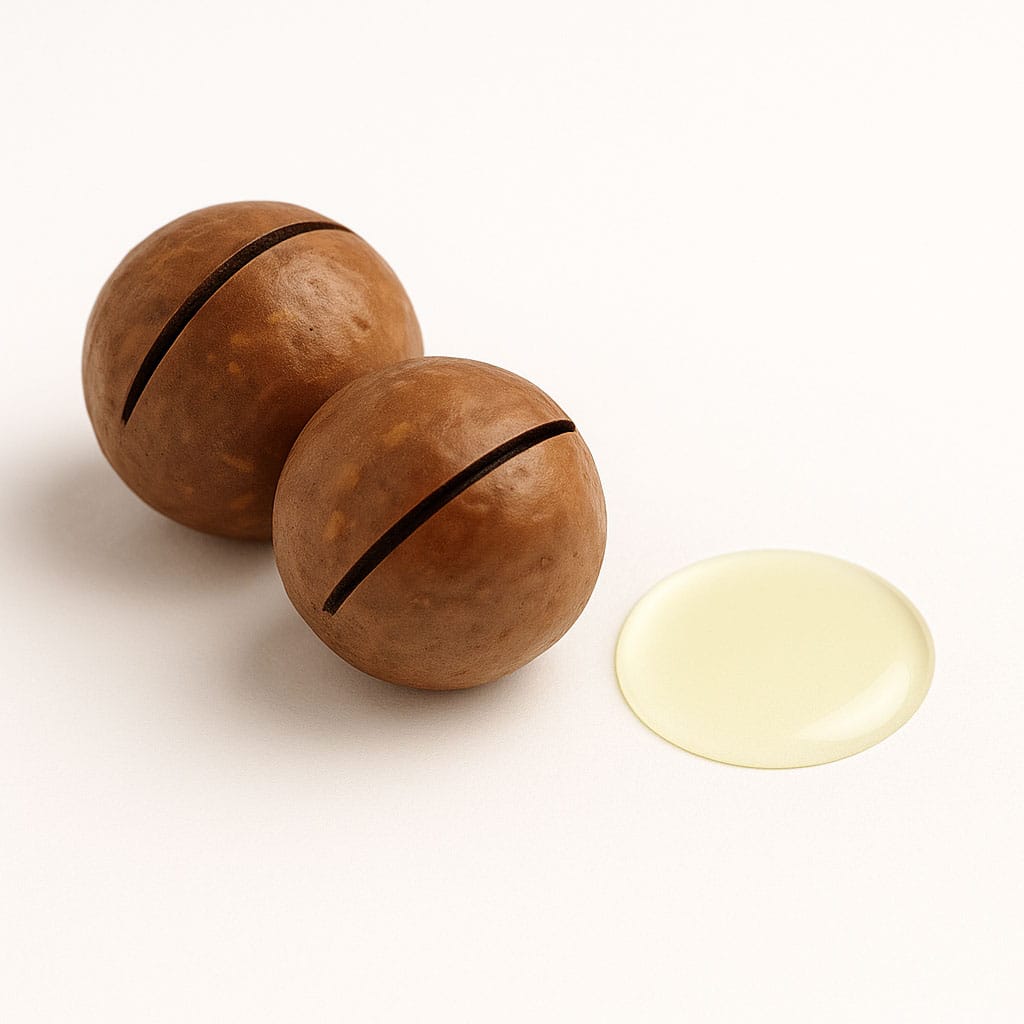 Close-up of Macadamia Seed Oil on white background, Purecontour.